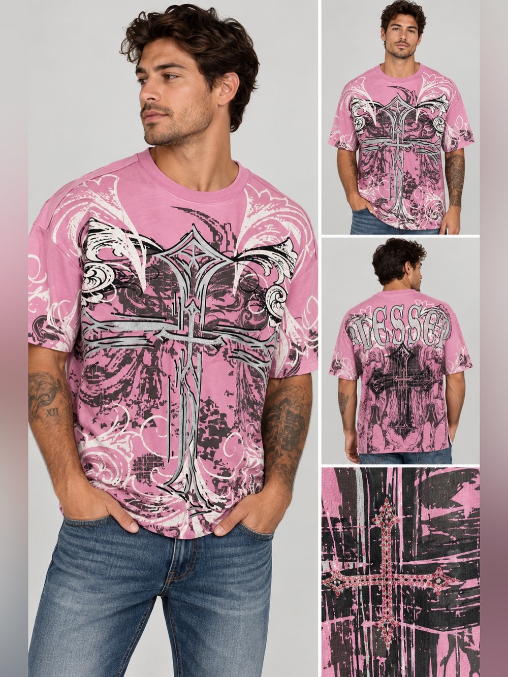 Massive Men’s L Pink Cross Graphic T-Shirt Y2K Gothic Tattoo Streetwear.